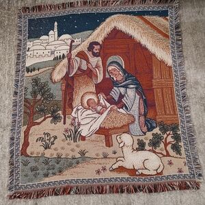 Colorful Nativity Scene Woven Afghan